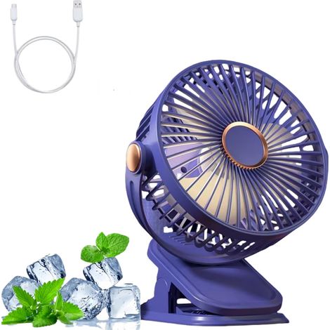 Tragbarer Campingventilator Mit Clip, 5 Geschwindigkeitsstufen, Usb-anschluss, Nachtlicht, Blau, 1200 Ah