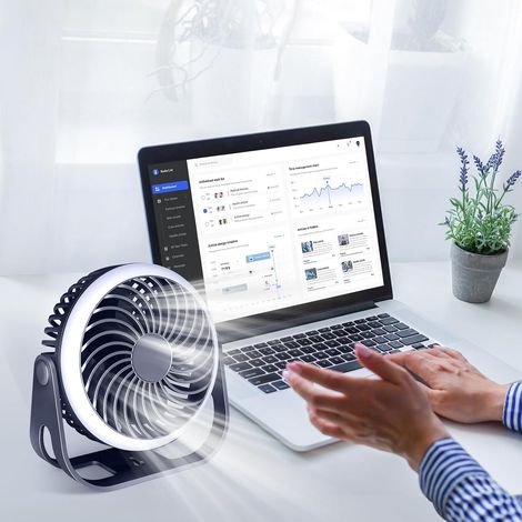 Tragbarer, Leiser Mini-usb-ventilator (blau) Mit 360°-drehung, Haken Und 1800-mah-akku, Ideal Für Büro, Schlafzimmer, Zelt Und Mehr.