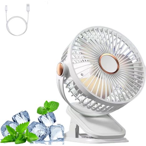 Tragbarer Campingventilator Mit Clip, 5 Geschwindigkeitsstufen, Usb-anschluss, Nachtlicht, Weiß, 1200 Ah