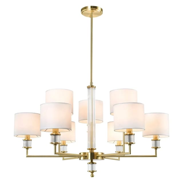Licht-Erlebnisse Kronleuchter Stoff Metall Glas 92 cm Breit Groß in Messing Weiß 9X E14