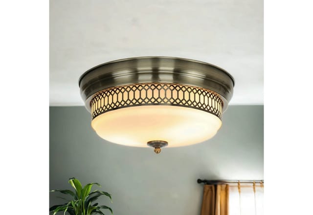 Licht-Erlebnisse Deckenlampe Badezimmer Ø 35 cm IP44 2x E27 Glas Metall in Messing Antik Weiß