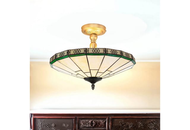 Licht-Erlebnisse Deckenleuchte Buntglas Weiß Grün Tiffany Stil 2x E14
