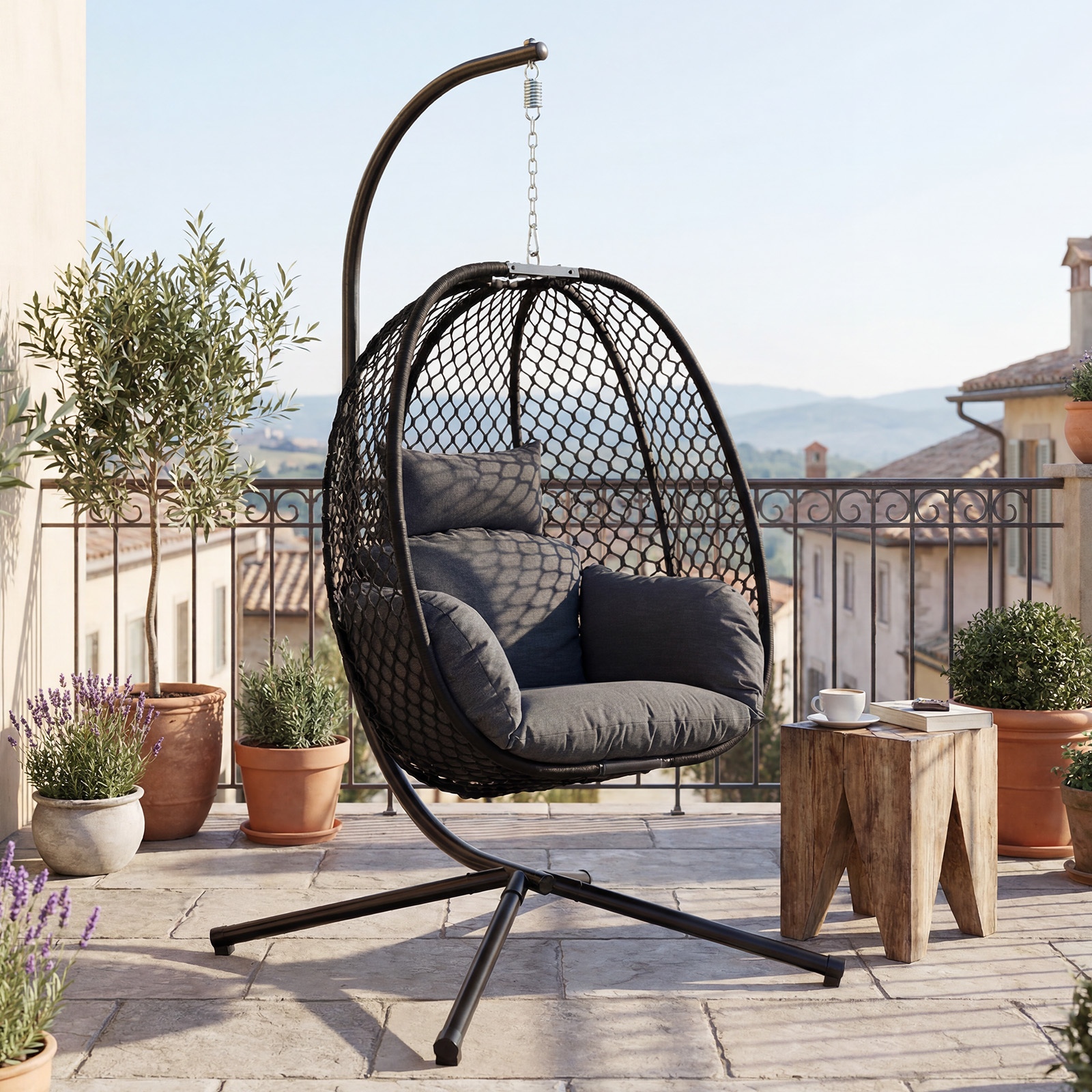 Wahson Hängesessel Outdoor Mit Gestell Bequemer Hängeschaukel, Hängekorb Sessel Mit Kissen & Auflagepolster Für Outdoor Und Indoor, Grau