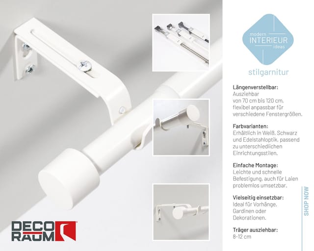 Deco-Raum Gardinenstangen Set Ausziehbar 1-Lauf Kappe Flexa Ø 16/19 mm 70-120cm Weiß