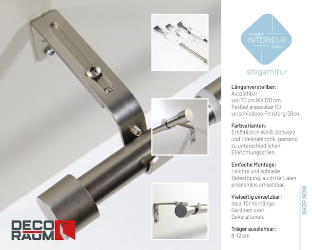 Deco-Raum Gardinenstangen Set Ausziehbar 1-Lauf Kappe Flexa Ø 16/19 mm 70-120cm Edelstahl-optik