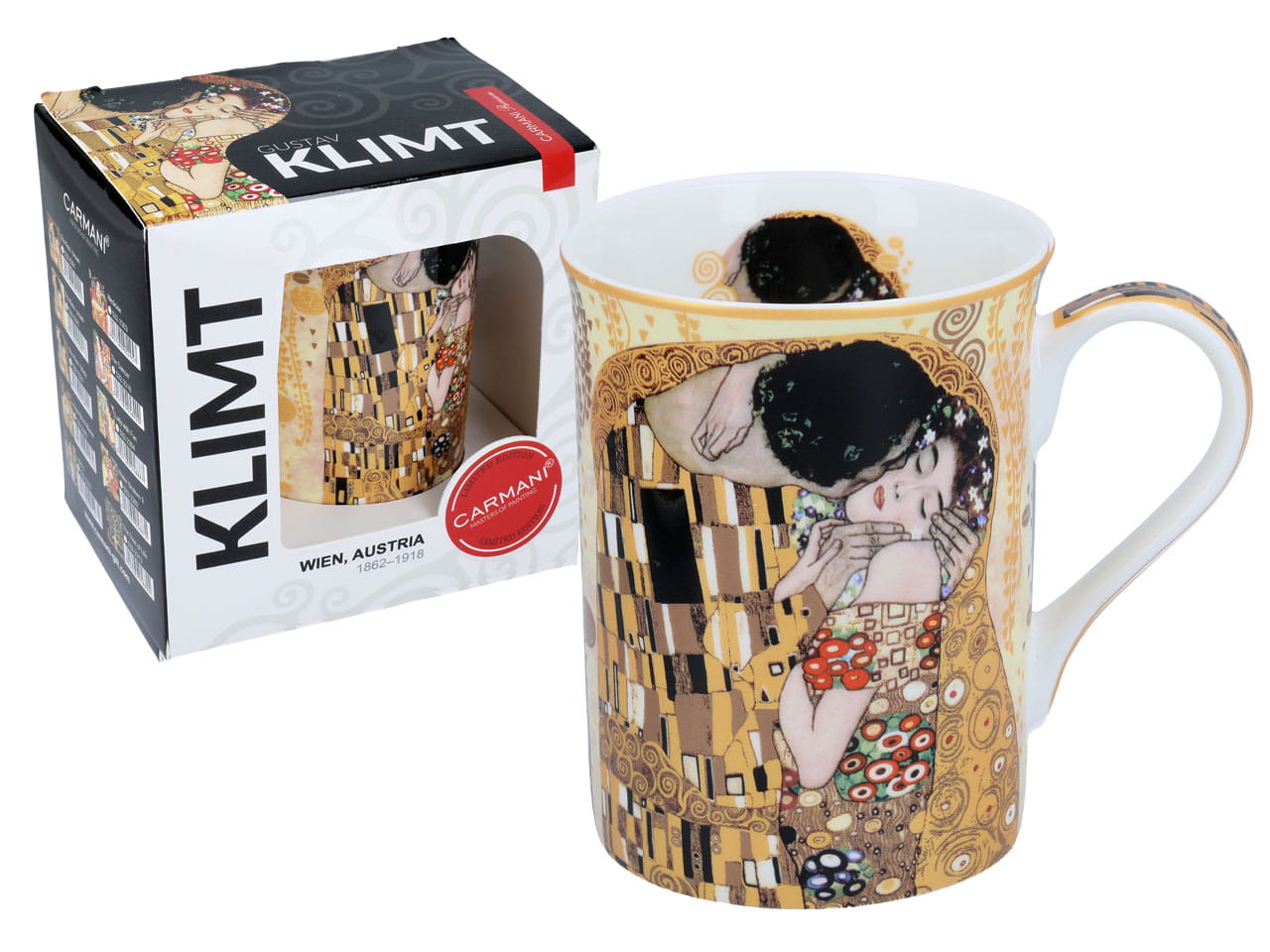 Carmani, Classic New Tasse – G. Klimt – Der Kuss, Cremefarbener Hintergrund