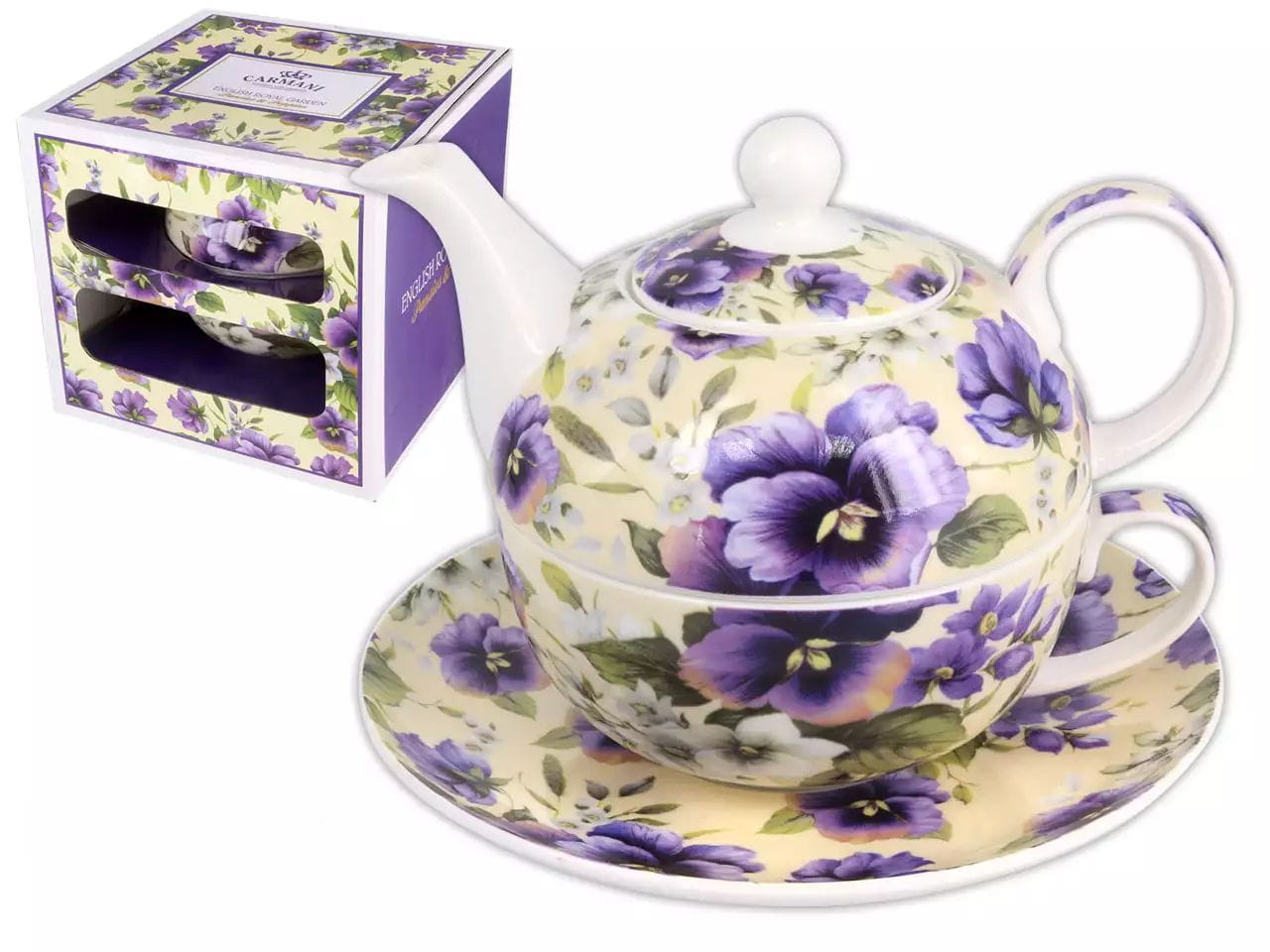 Carmani, Teekanne „tea For One“ Mit Tasse Und Untertasse – Lila Stiefmütterchen