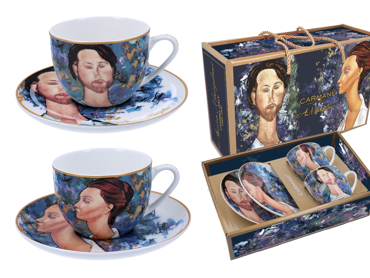 Carmani, Set Aus 2 Tassen Und Untertassen – Modigliani/frau Mit Hut Und Mario Varvogli