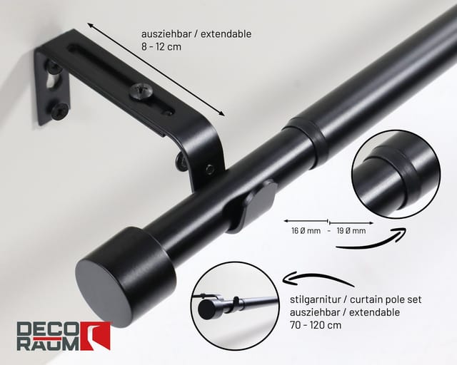 Deco-Raum Gardinenstangen Set Ausziehbar 1-Lauf Kappe Flexa Ø 16/19 mm 70-120cm Schwarz