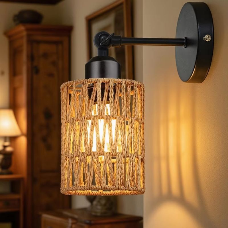 Wandleuchte Im Retro-stil Aus Geflochtenem Rattan Ohne Leuchtmittel – E27-wandleuchte Mit Naturseil Für Schlaf- Und Wohnzimmer