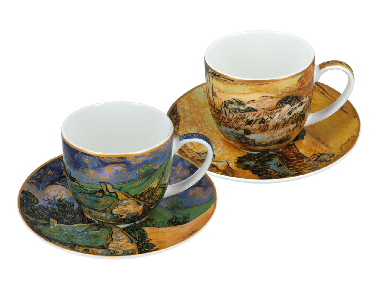 Carmani, 2er-set Tassen À 220 Ml – Van Gogh/reetgedeckte Häuser In Cordeville Und Bauernhöfe Bei Auvers