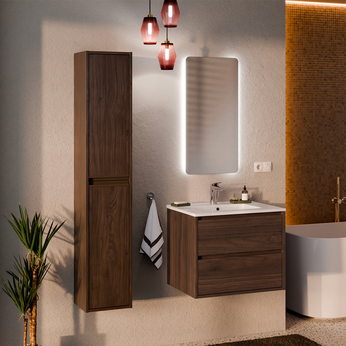 Waschtisch Und Hängesäule 61cm Edmé Mit 2 Schubladen, Dunkles Holzoptik
