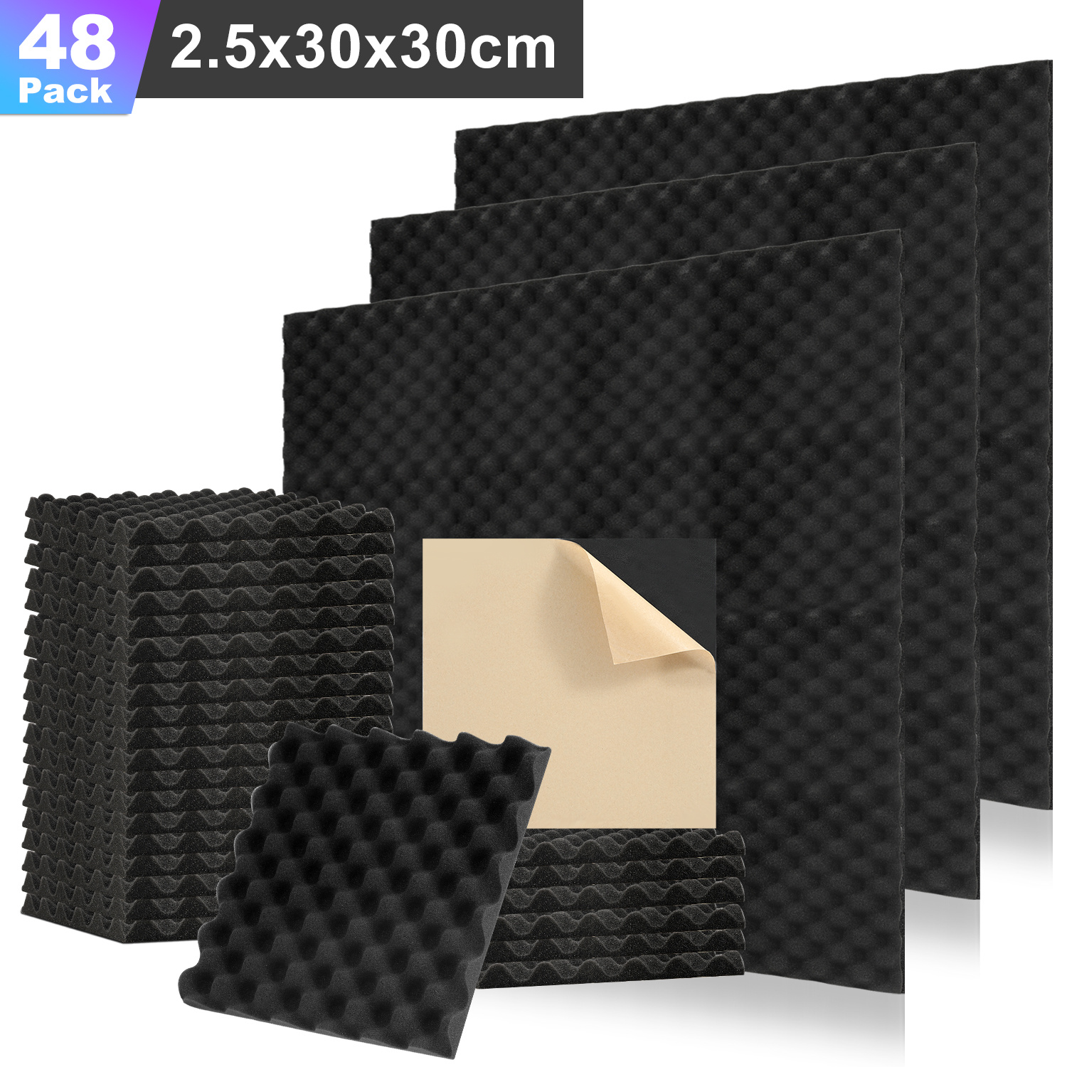 Randaco 48 Paneles Acústicos Adhesivos, Ranuras Ondulado, 30 X 30 X 2.5 Cm, Paneles Insonorizantes Para Un Aislamiento Acústico Eficaz, Color Negro