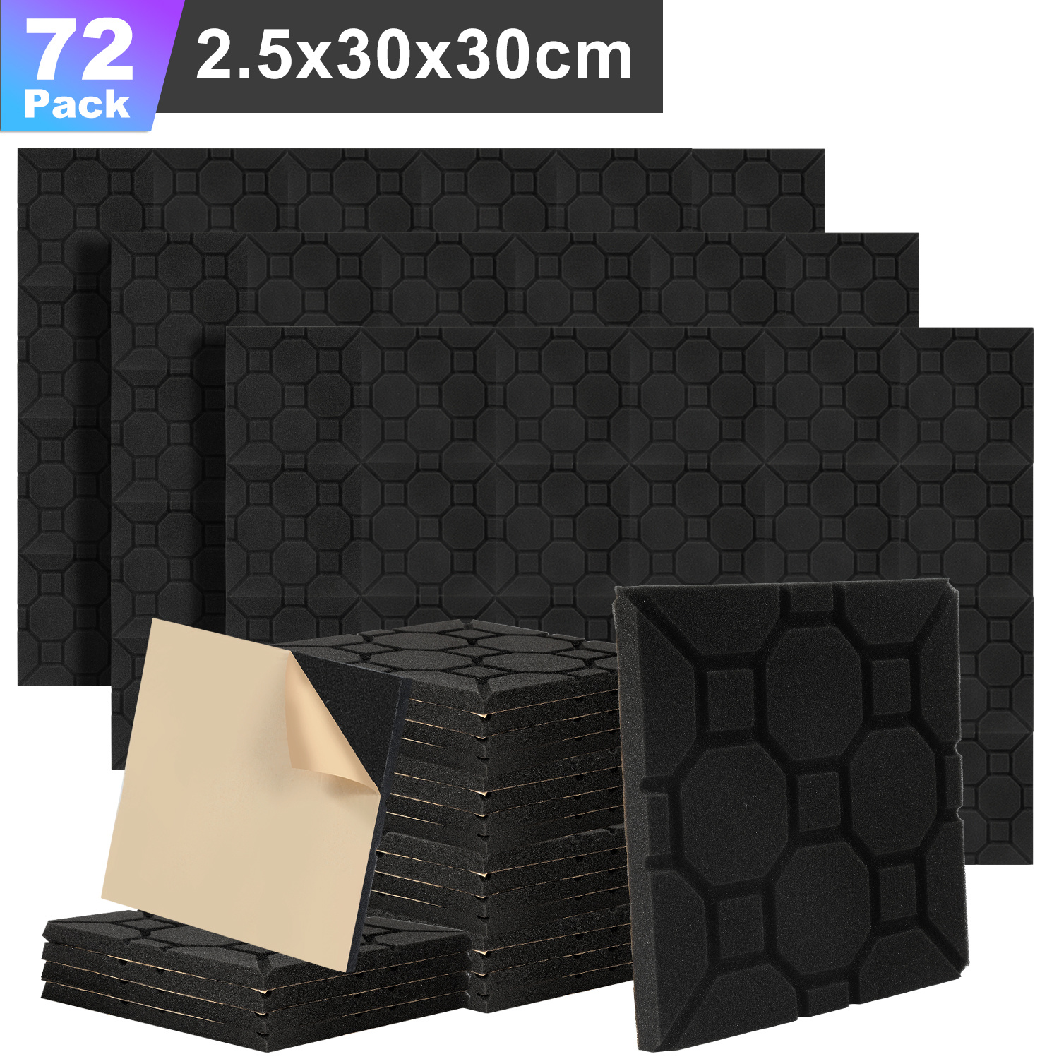 Randaco 72 Paneles Acústicos Adhesivos, Perfil Cúbico, 30 X 30 X 2.5 Cm, Paneles Insonorizantes Para Un Aislamiento Acústico Eficaz, Color Negro