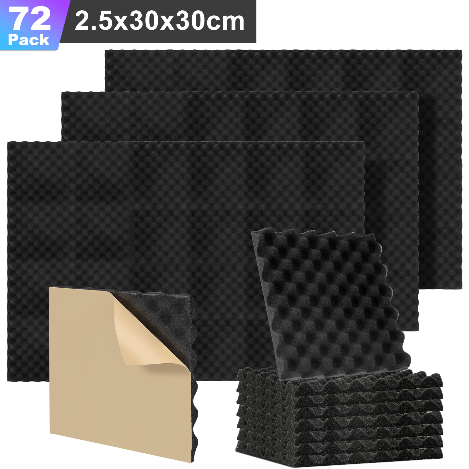 Randaco 72 Paneles Acústicos Adhesivos, Ranuras Ondulado, 30 X 30 X 2.5 Cm, Paneles Insonorizantes Para Un Aislamiento Acústico Eficaz, Color Negro