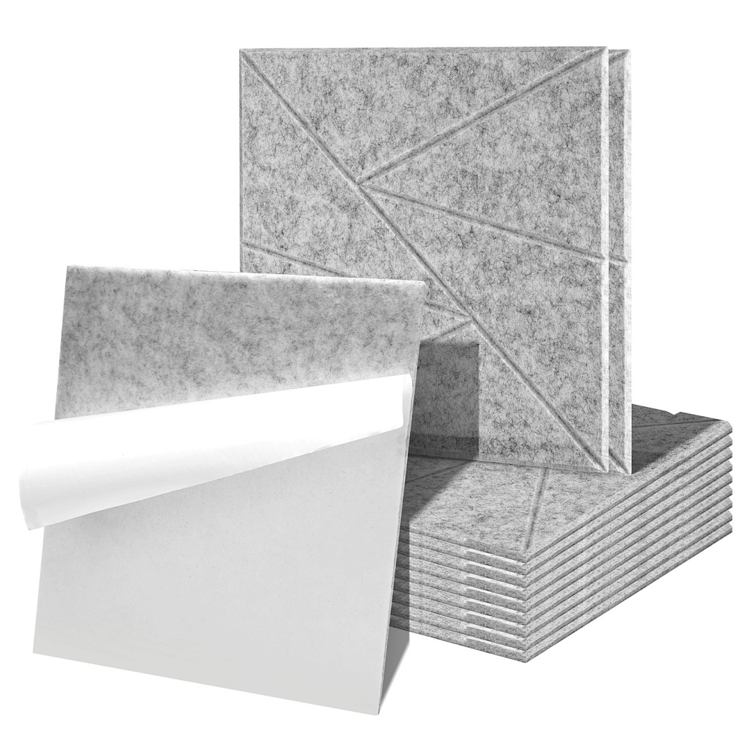 Randaco Paneles Acústicos Pared Autoadhesivos, Pack De 12 De Fieltro, 30 X 30 X 0,9 Cm Gris, Cuadrados Con Diseño Triangular