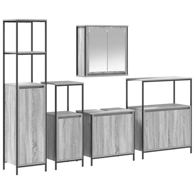 vidaXL Badezimmermöbel Set mit Regal 5-Tlg Grau Sonoma und Schwarz 3328387