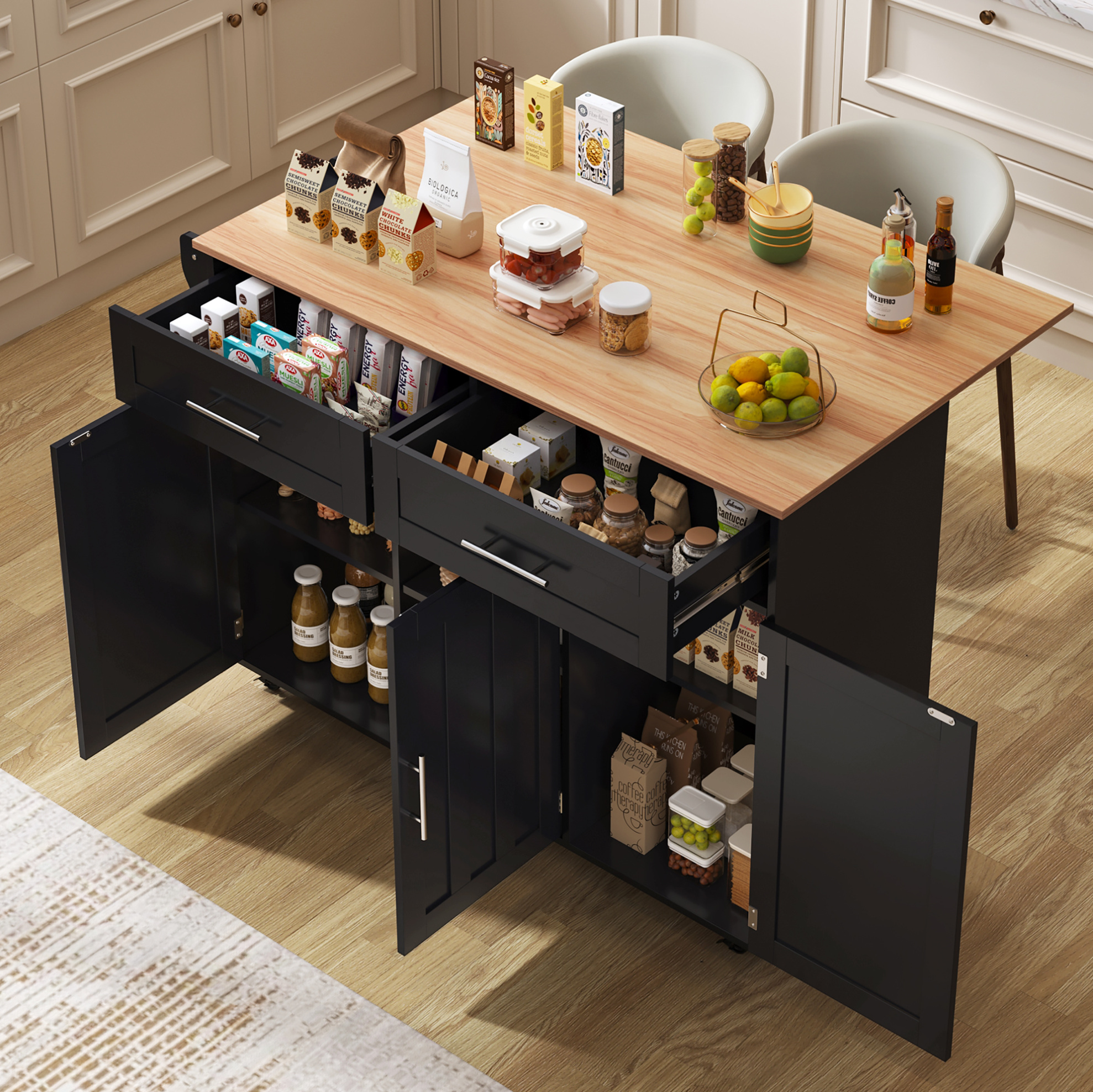 Kücheninsel 129x46x91.5 Cm Schwarz/natur Aus Mdf Mit Klappbarer Platte, 5 Rädern, 2 Schubladen Und Verstellbaren Böden