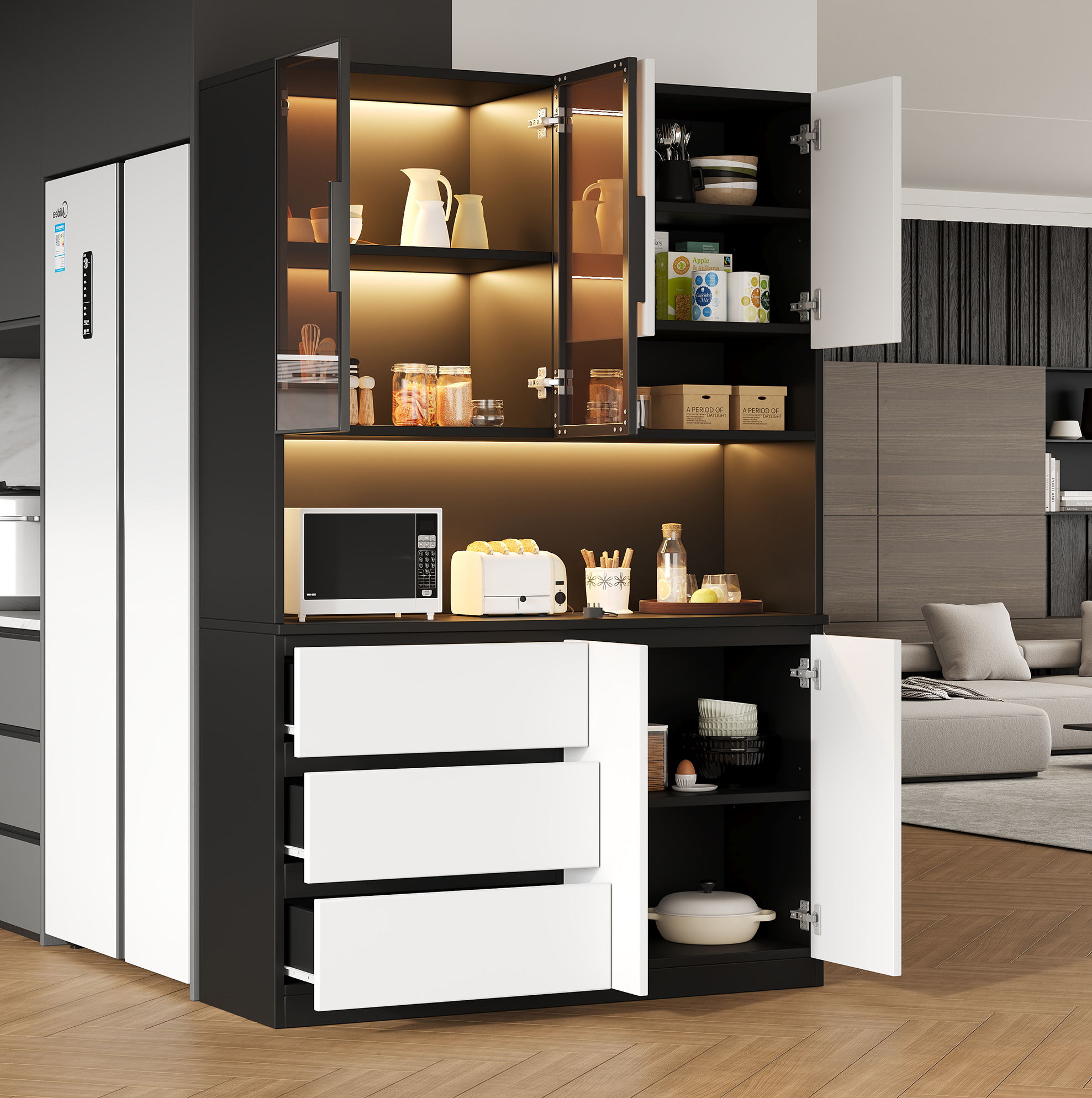 Küchenvitrine 120.5x40x180 Cm Weiß-schwarz Aus Spanplatte Und Glas Mit Led-beleuchtung Und 3 Schubladen
