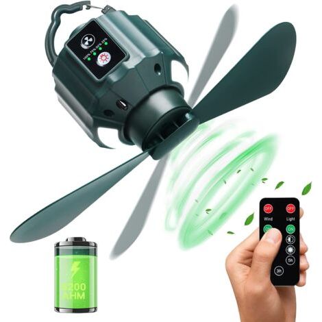 Aougo – Tragbarer Campingventilator Mit 5200 Mah Akku (usb-wiederaufladbar) – 3 Geschwindigkeitsstufen Und 3 Helligkeitsstufen – Fernbedienung Und Timer – Leiser Betrieb