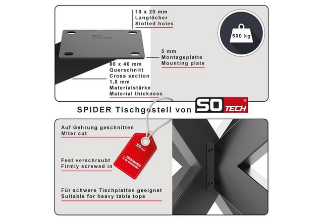 SOTECH SPIDER Tischgestell Schwarz Höhe 430 mm Breite 580 mm Länge 980 mm für Couchtisch