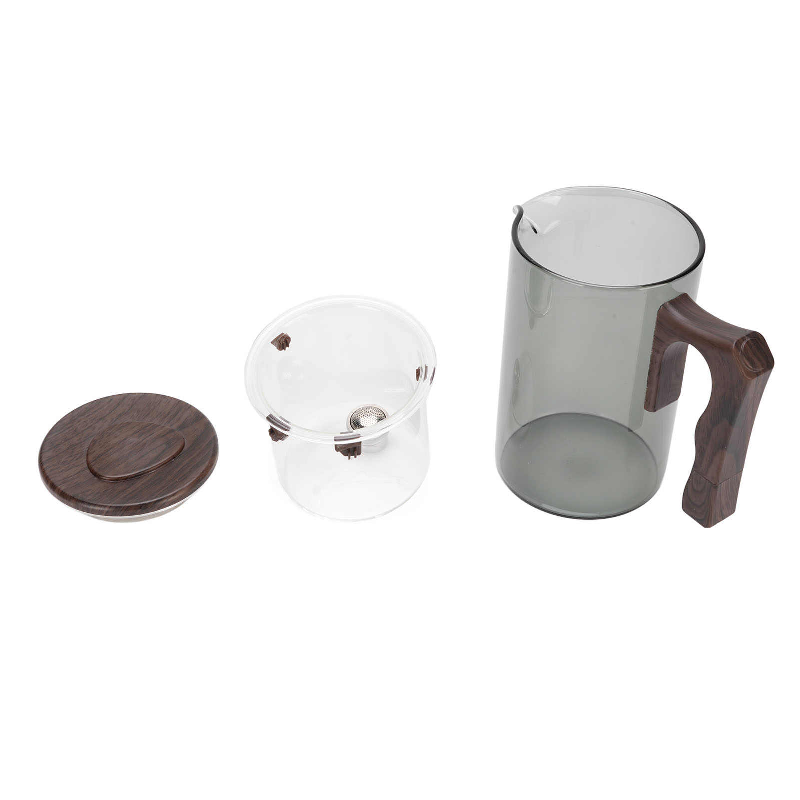 Teekanne Aus Glas Mit Filter, Holzgriff, Wasser-/teetrennung, Für Losen Tee, Hitzebeständig, Für Zuhause Und Büro, Graue Farbe, 550 Ml.