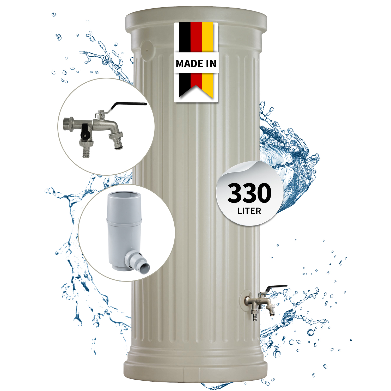 Garantia Säulentank Komplett-set 330 Liter Sandbeige Inkl. Chrom-doppelauslaufhahn Und Fallrohranschluss