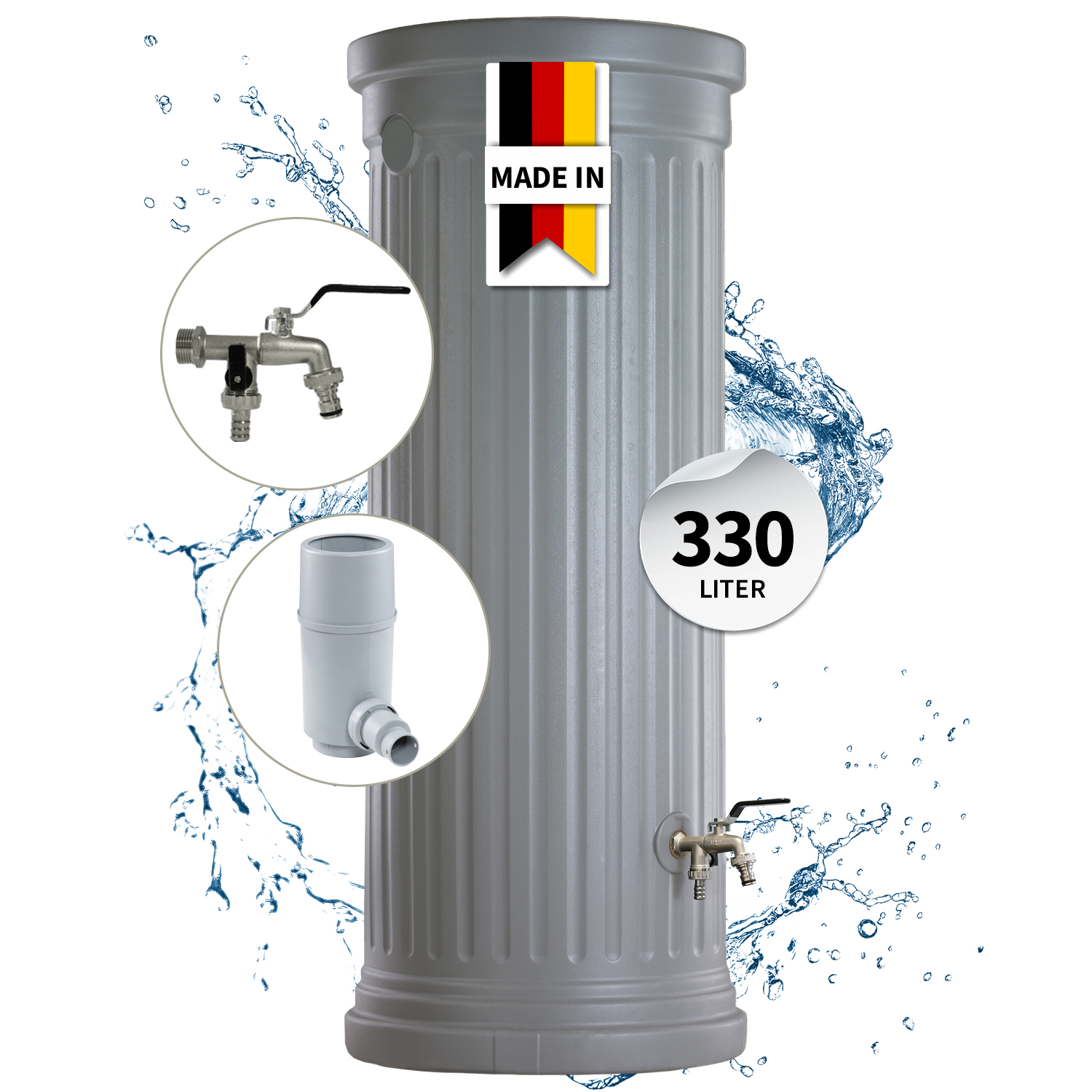 Garantia Säulentank Komplett-set 330 Liter Steingrau Inkl. Chrom-doppelauslaufhahn Und Fallrohranschluss
