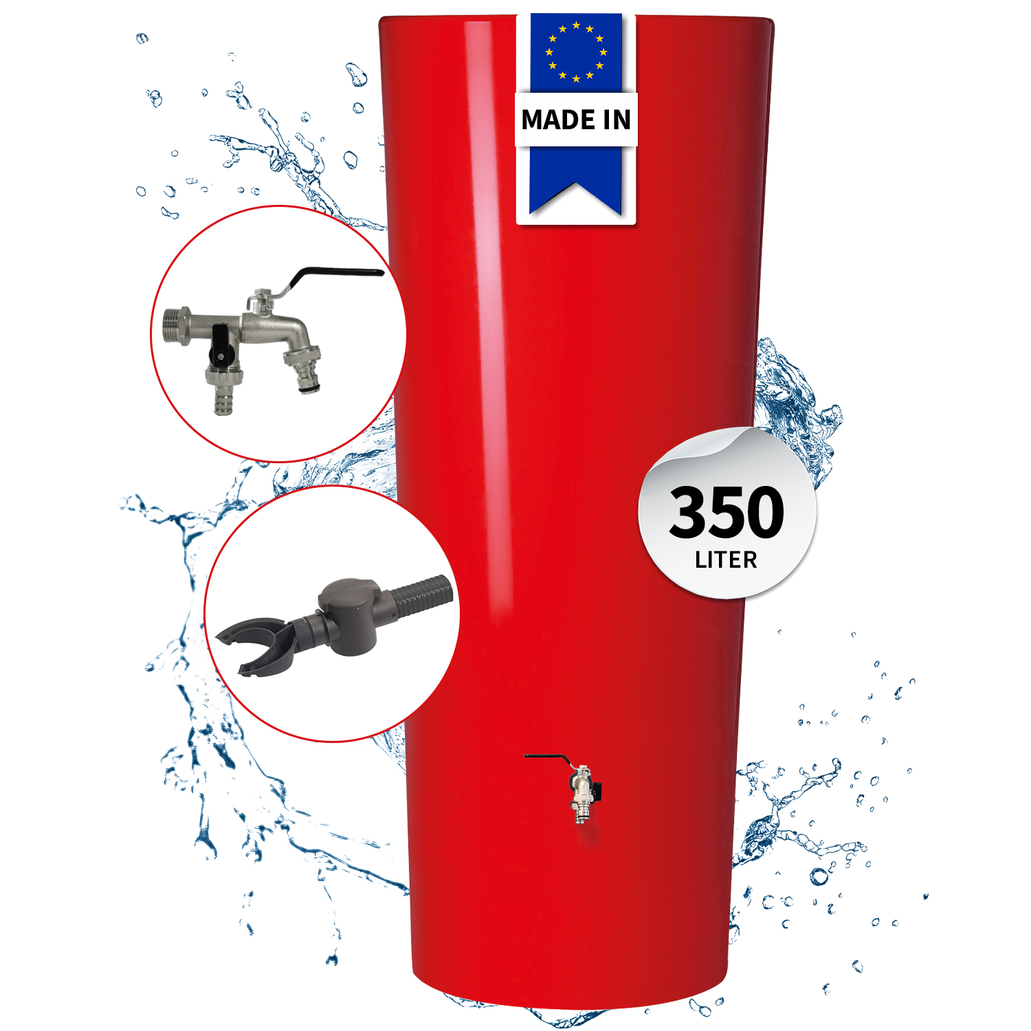 Garantia Color 2in1 Regentonne Komplett-set 350 Liter Tomato Inkl. Chrom-doppelauslaufhahn Und Fallrohranschluss