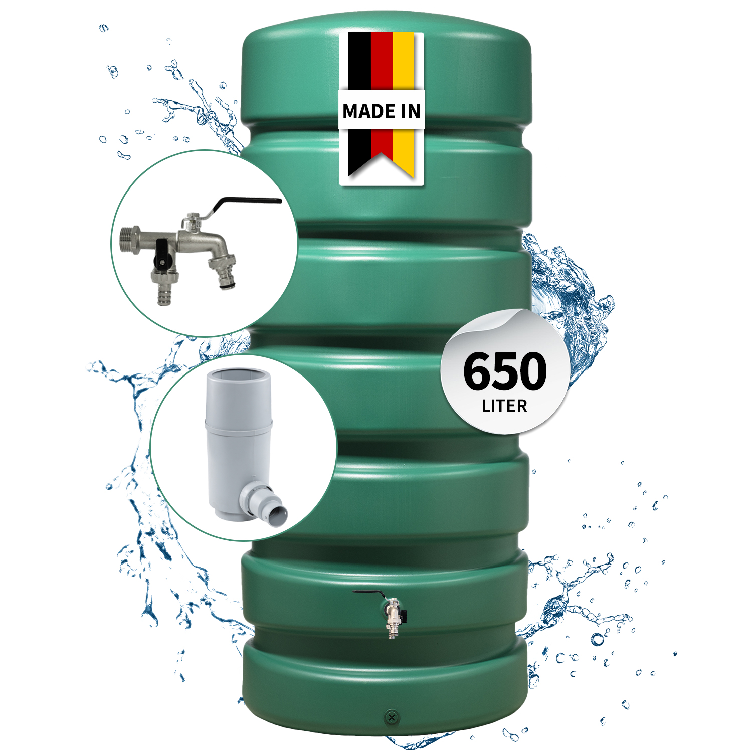 Garantia Classico Regentonne Komplett-set 650 Liter Dunkelgrün Inkl. Chrom-doppelauslaufhahn Und Fallrohranschluss