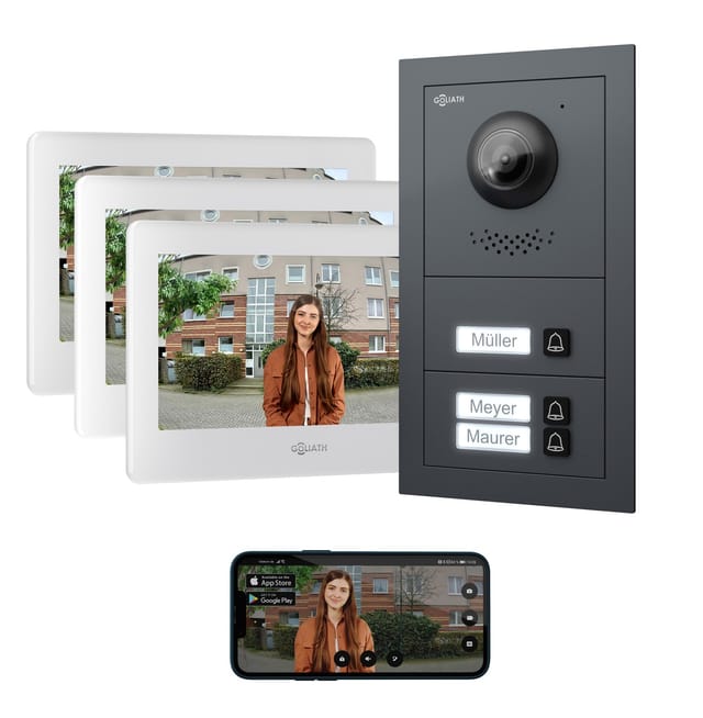 Goliath Basic Line 3-Familienhaus Video Türsprechanlage Monitor Weiß - Anthrazit Ausenstation Unterputzdose