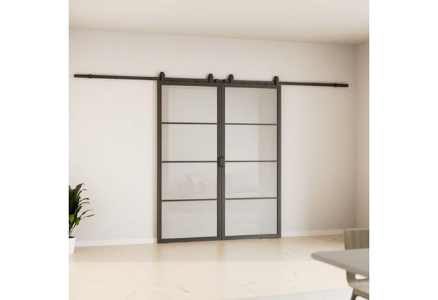 inova Loft Glasschiebetür Satiniert 4 Felder 1800 x 2150 mm Komplettset aus Stahl in Schwarz inkl. 2Seitiger Softclose