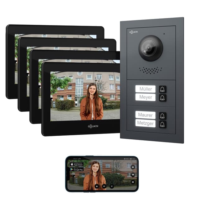 Goliath Basic Line 4-Familienhaus Video Türsprechanlage Monitor Schwarz - Anthrazit Ausenstation Unterputzdose