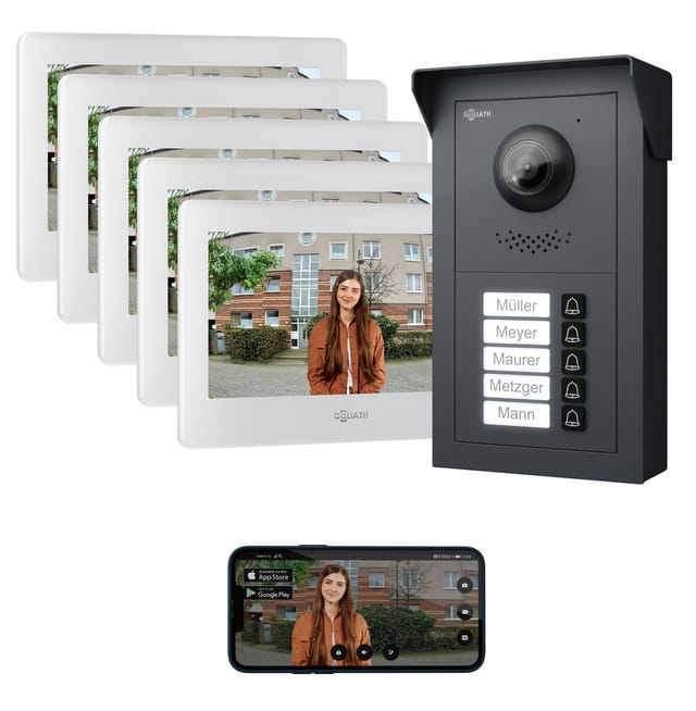 Goliath Basic Line 5-Familienhaus Video Türsprechanlage Monitor Weiß - Anthrazit Ausenstation Aufputz Dose