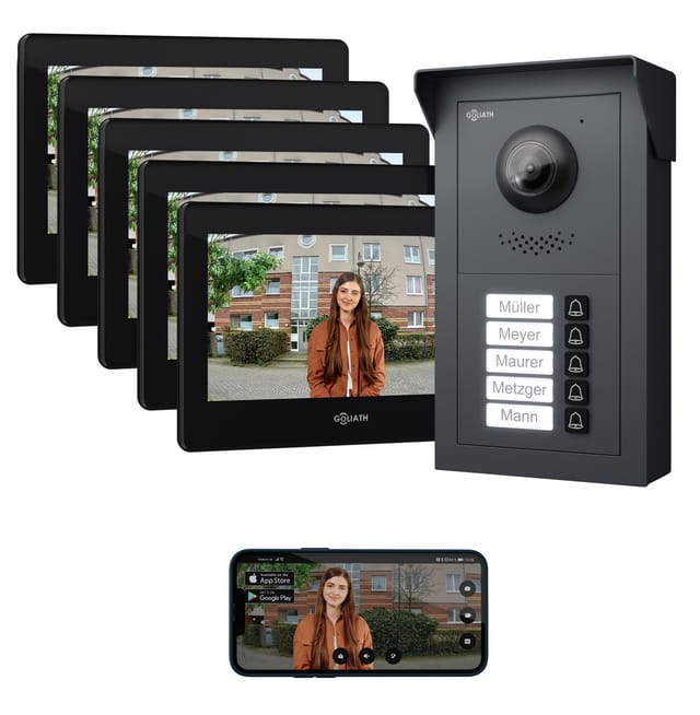 Goliath Basic Line 5-Familienhaus Video Türsprechanlage Monitor Schwarz - Anthrazit Ausenstation Aufputz Dose