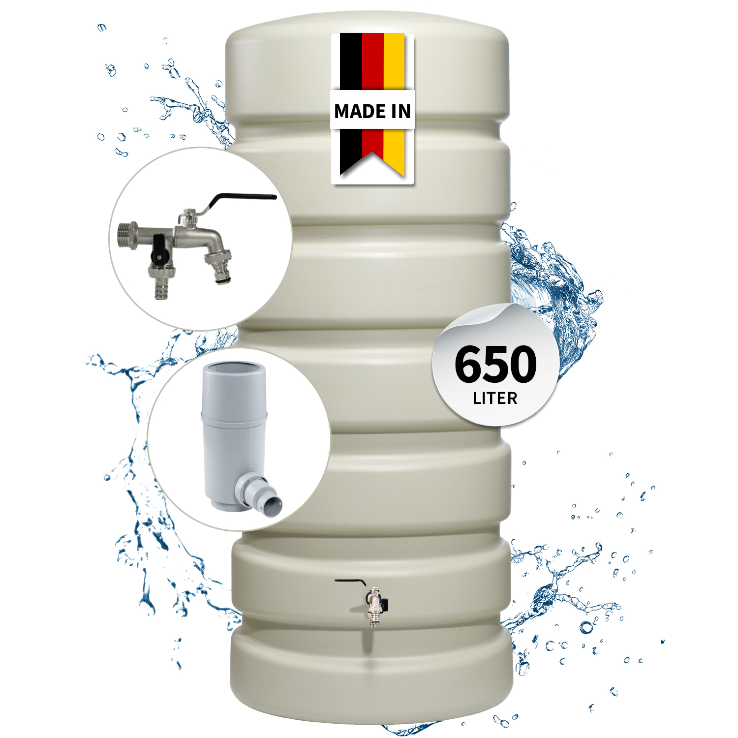4rain Classic Regentonne Wandtank Komplett-set 650 Liter Sandbeige Inkl. Chrom-doppelauslaufhahn Und Fallrohranschluss