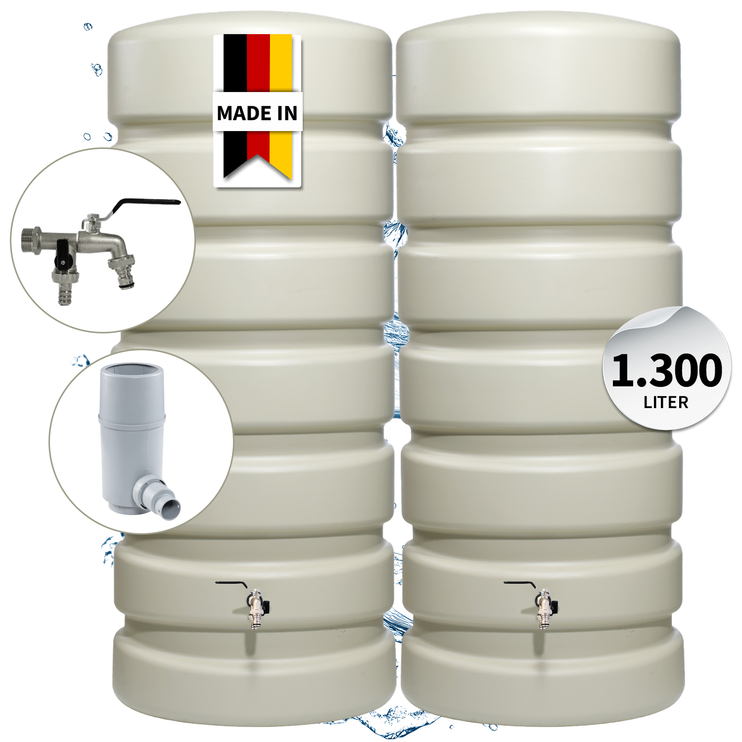 4rain Classic Regentonne Wandtank-set Komplett-set 1300 Liter Sandbeige, 2 X Classic 650 Liter Inkl. Verbinder Und Fallrohranschluss