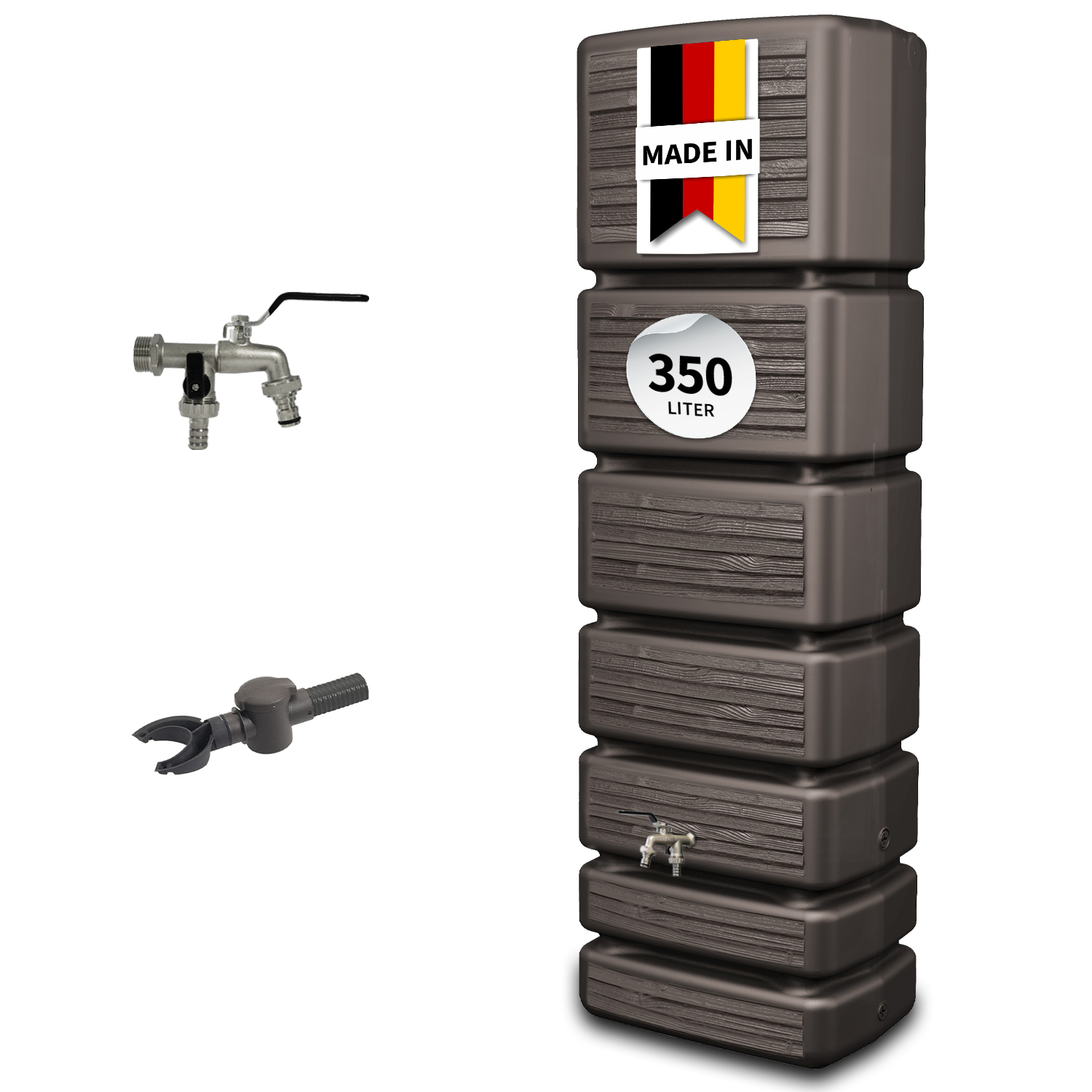 4rain Slim Wood Decor Regentonne Wandtank Komplett-set 350 Liter Darkwood Inkl. Chrom-doppelauslaufhahn Und Fallrohranschluss