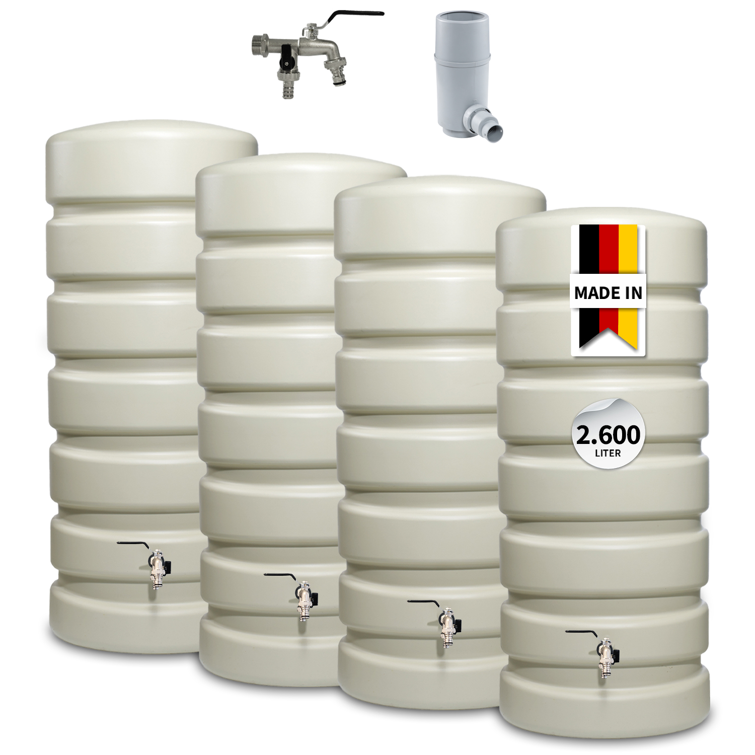 4rain Classic Regentonne Wandtank-set Komplett-set 2600 L Sandbeige, 4 X Classic 650 Liter Inkl. Verbinder Und Fallrohranschluss