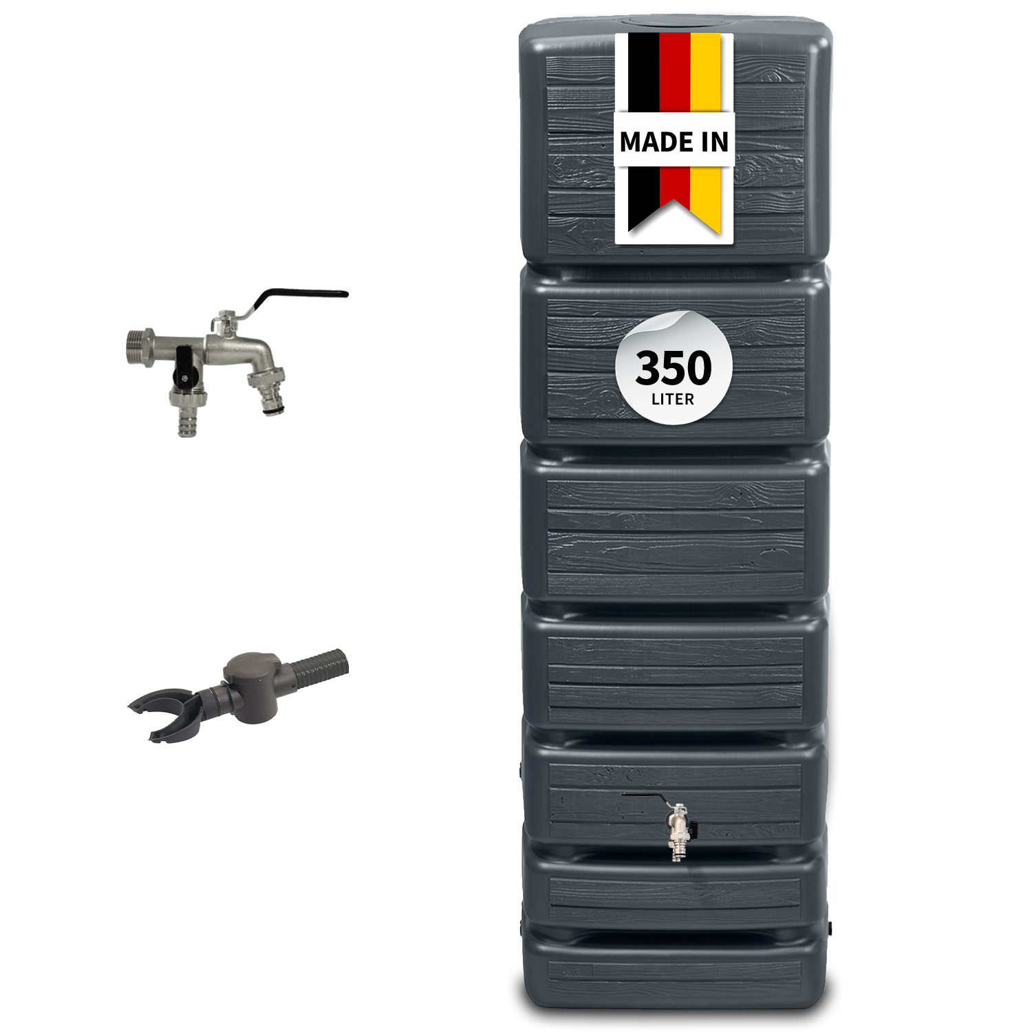 4rain Slim Wood Decor Regentonne Wandtank Komplett-set 350 Liter Graphite Grey Inkl. Chrom-doppelauslaufhahn Und Fallrohranschluss