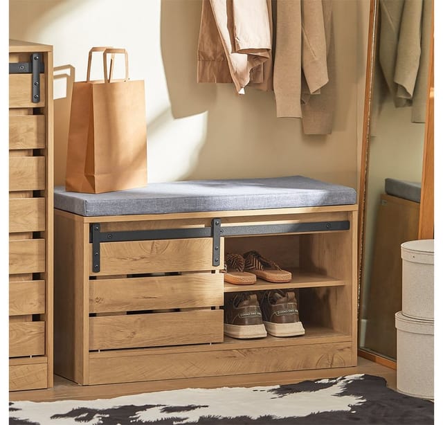 SoBuy Schuhbank mit Schiebetür Holzwerkstoff Natur 80cm FSR120-N