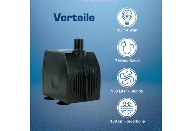Kerry Electronics Teichpumpe 12 V 950,/h 14 W 7 m Kabel 1,8 m Förderhöhe Leise Wasserpumpe Aquariumpumpe & Springbrunnen-Pumpe
