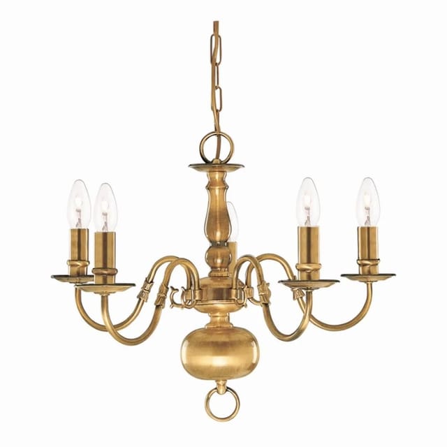 Licht-Erlebnisse Flämischer Kronleuchter 52 cm Breit 5-Flammig E14 in Messing Antik