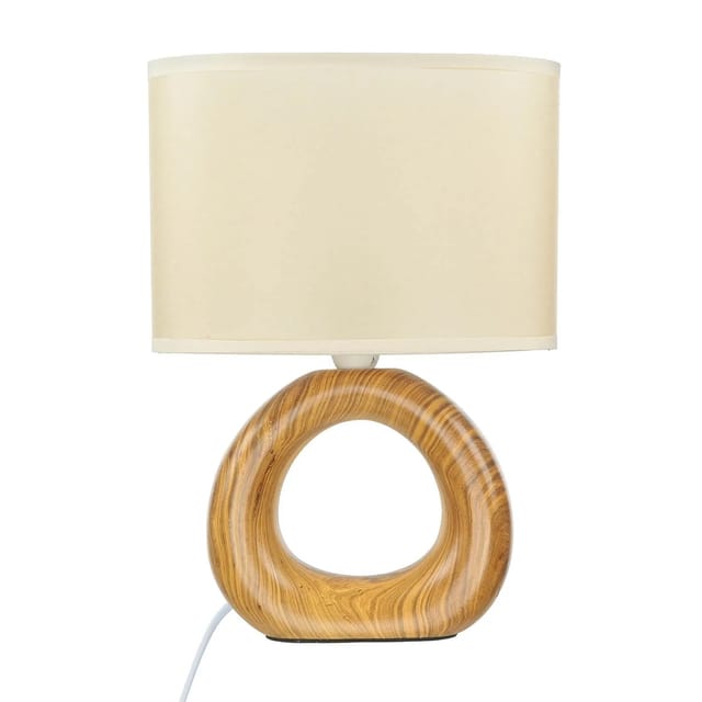 Licht-Erlebnisse Tischleuchte Keramik Stoff 28 cm Holzoptik Beige E14