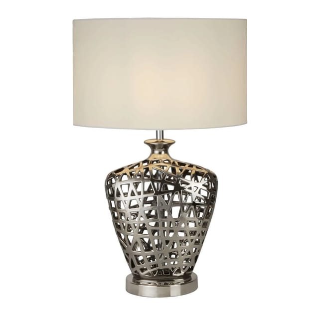 Licht-Erlebnisse Tischlampe Keramik Stoff 57 cm Hoch Chrom Weiß E27