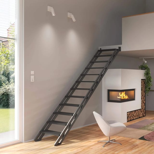 Treppen Intercon Raumspartreppe Onyx Stahlwangentreppe Lava-Anthrazit mit Stufenbreite 50 cm Buche Anthrazit Ohne Geländer 14 Stufen