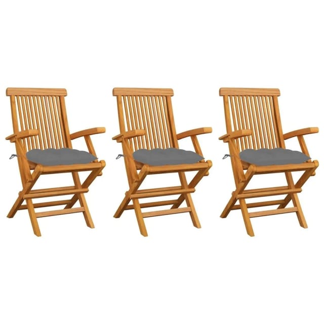 vidaXL Gartenstühle mit Grauen Kissen 3 Stk Massivholz Teak 3062530