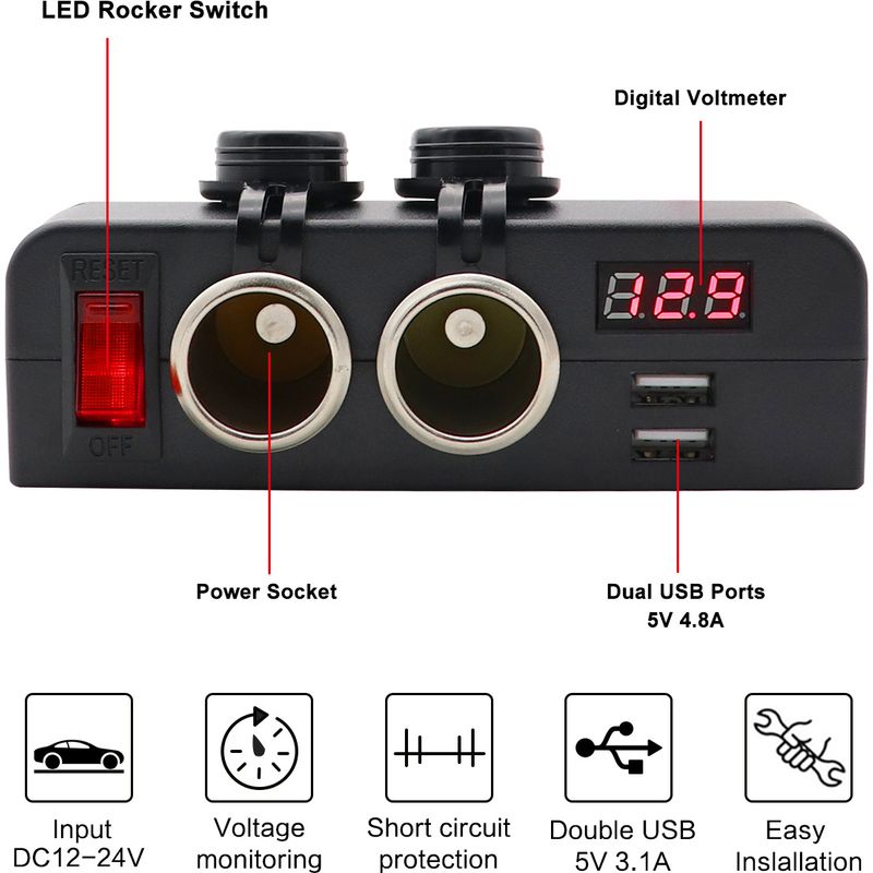 Set Aus 2 Flächenbündig Eingebauten 12/24-v-usb-doppelladegeräten Mit Voltmeter – Integrierte Zigarettenanzünderbuchse – Anzeige Der Batteriespannung