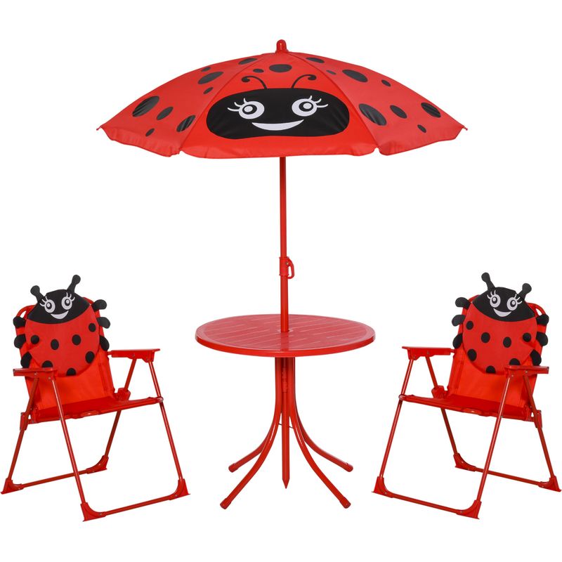 4-teiliges Kinder-gartenmöbelset, Marienkäfer-design – Runder Tisch + 2 Klappstühle + Sonnenschirm – Rotes Oxford-epoxidharz-beschichtetes Metall