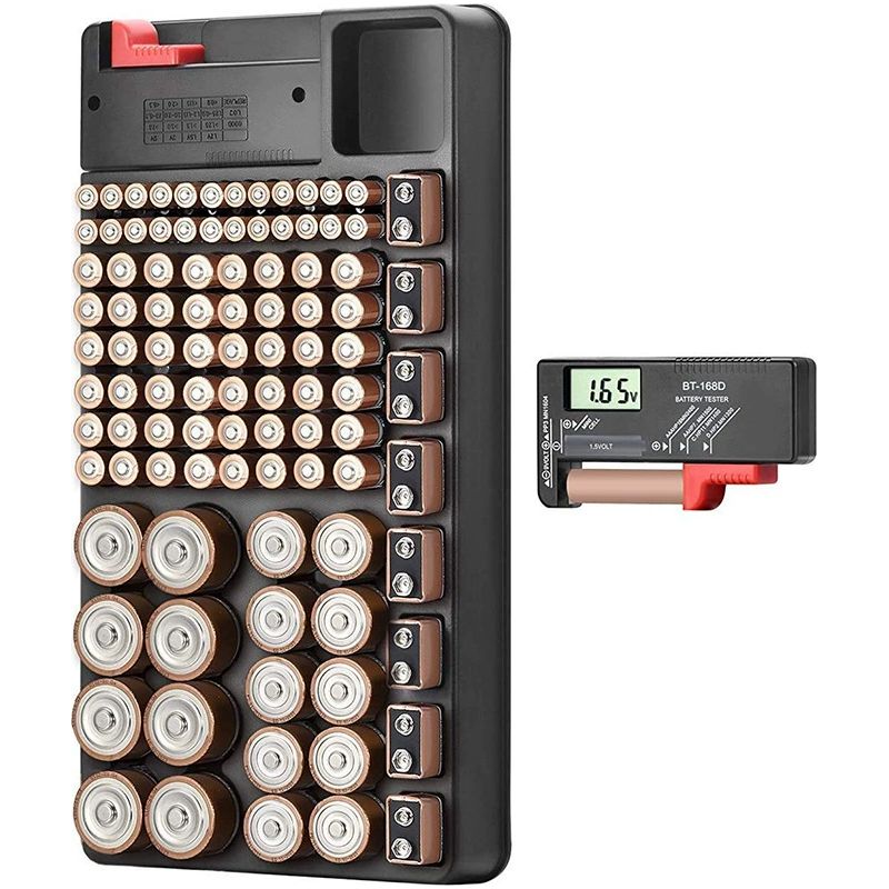 Batterietester Mit Aufbewahrungskoffer – 98 Batteriefächer – Abnehmbarer Spannungsprüfer Für Die Werkstatt
